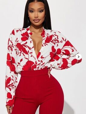 Fashion Nova White Blouse with Red Floral Print